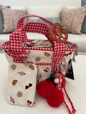 Madden Girl Red Gingham-Trim Canvas Mini Tote with Cherry Charms